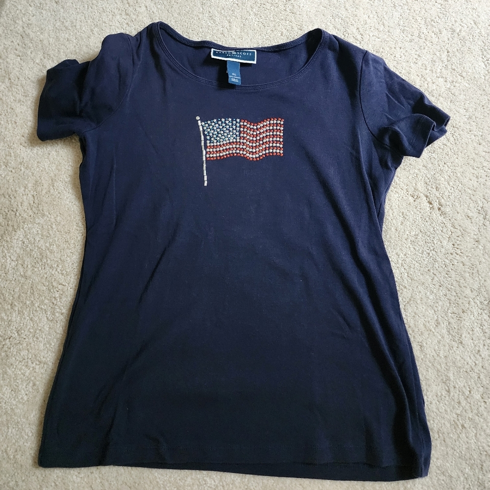 Perfect for 4th of July!! Rhinestone Flag Navy Karen Scott Tee Size PS In EXC